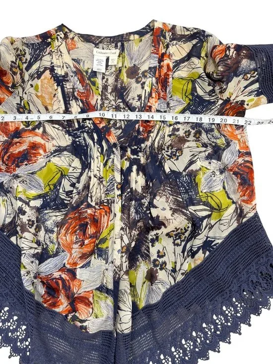 Coldwater Creek Women Size M Silk Floral Kimono One-Button Top Crochet Lace Hem - Picture 5 of 7